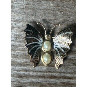 Vintage Gold-Tone Filigree Butterfly Brooch With Faux Pearl Accents